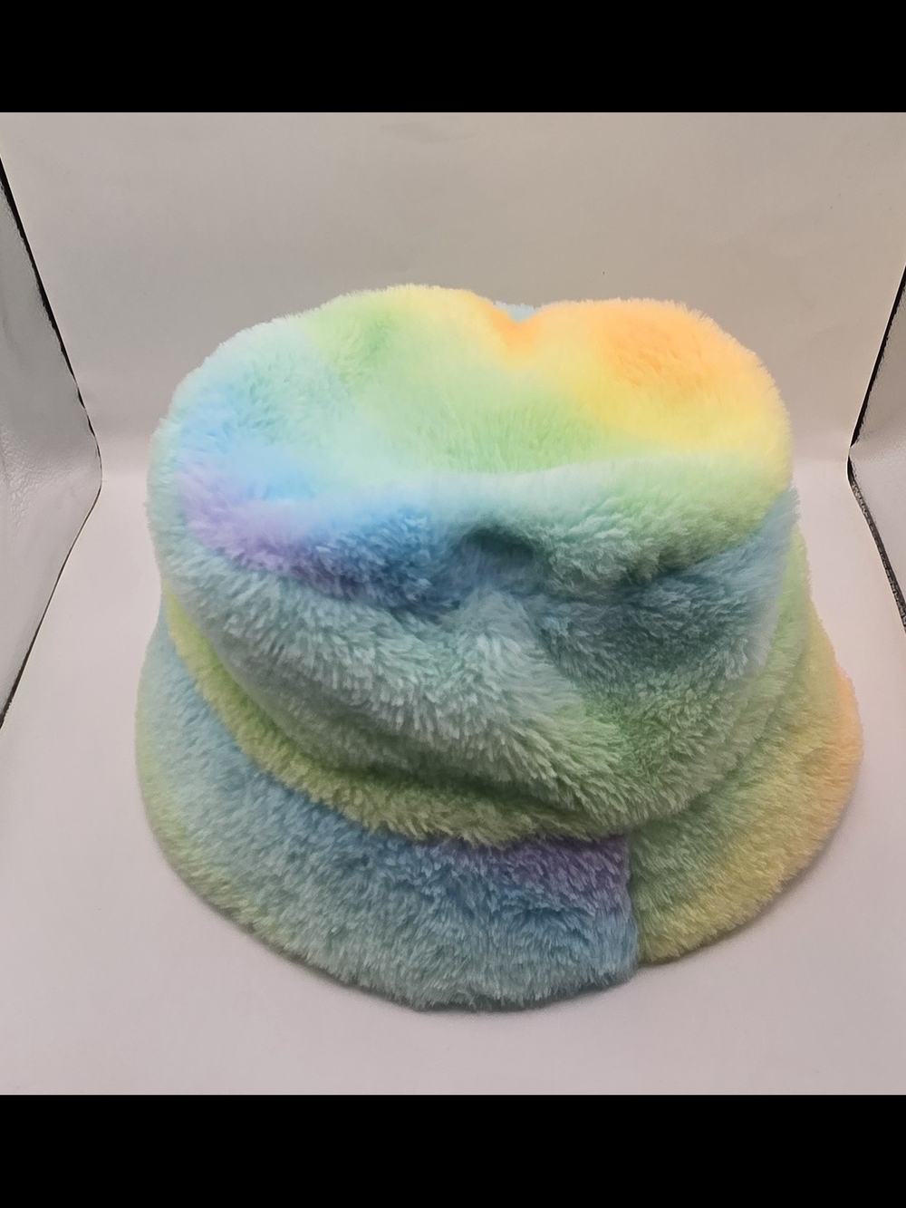 Fiesta Rainbow Wave Fuzzy Plush Bucket Hat Adult Pastel Festival Y2K.